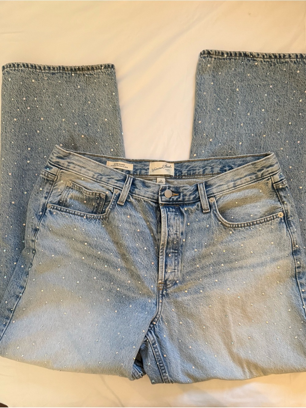 Universal Thread Light Blue Straight Leg Jeans with rhinestones